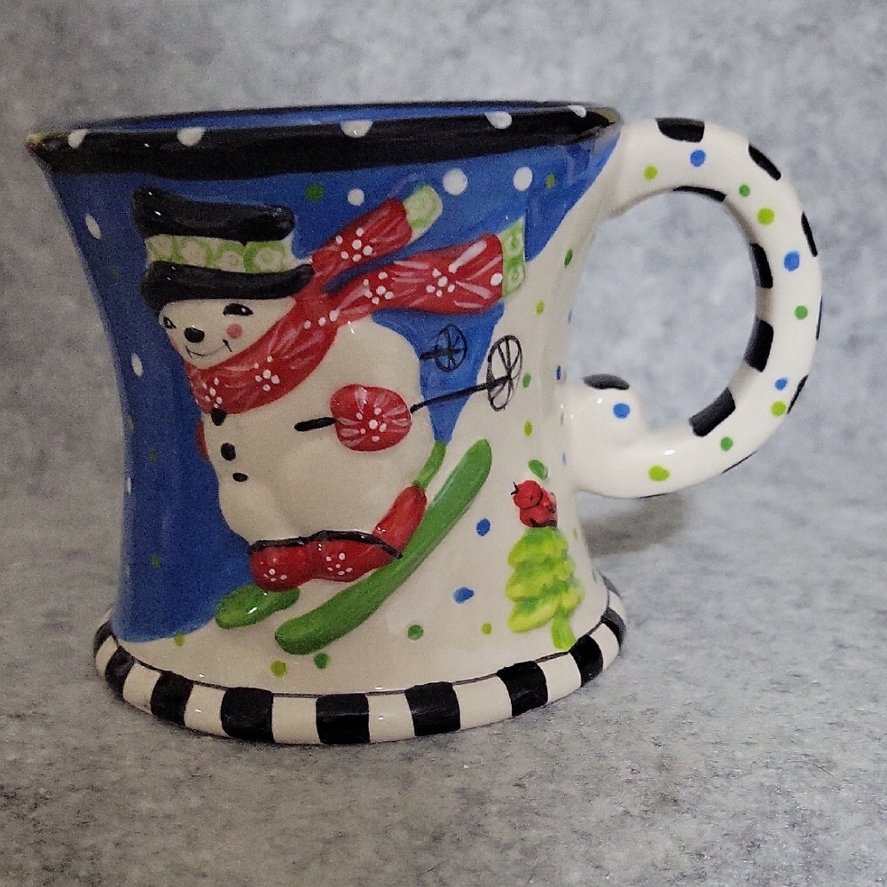 Temp-Tations Snowman Skiing Mug - Blue and Red 16 Oz. EUC